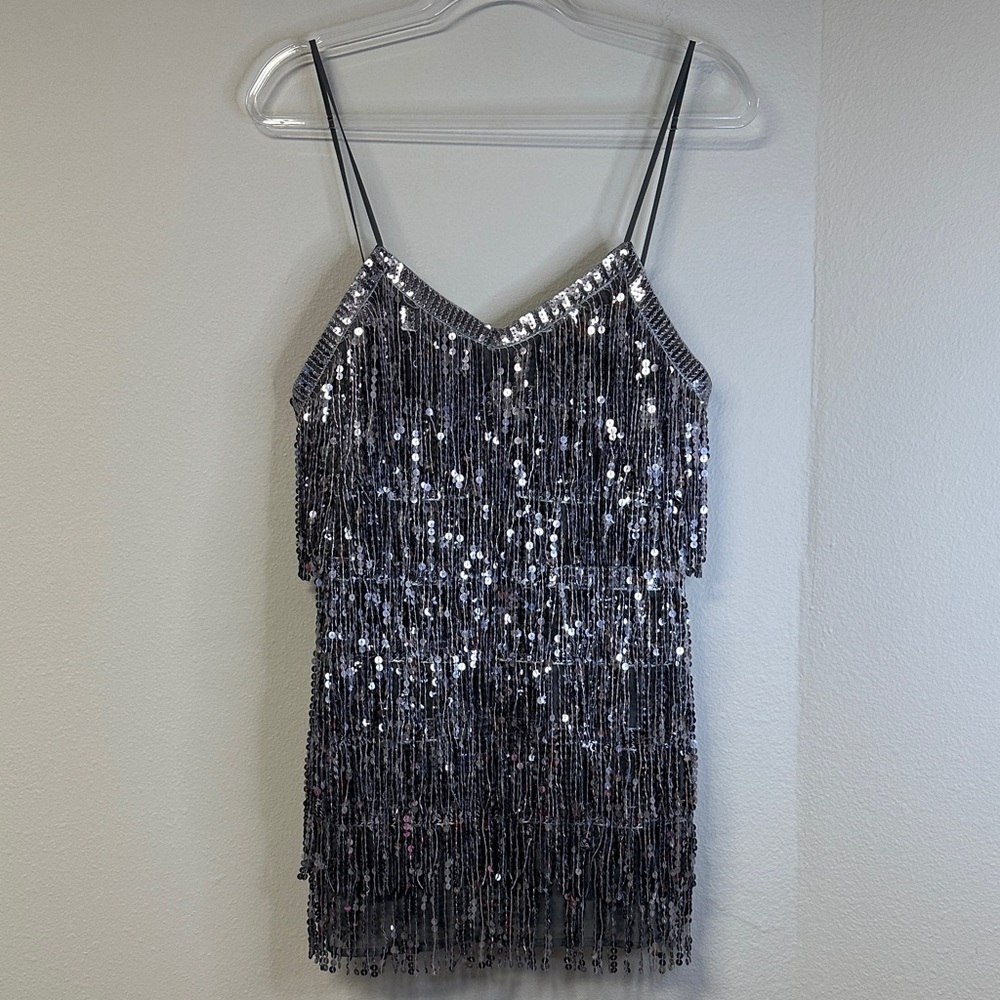 NWT Pull&Bear Disco Cocktail Party Sequin Silver Mini Dress S - Picture 3 of 7